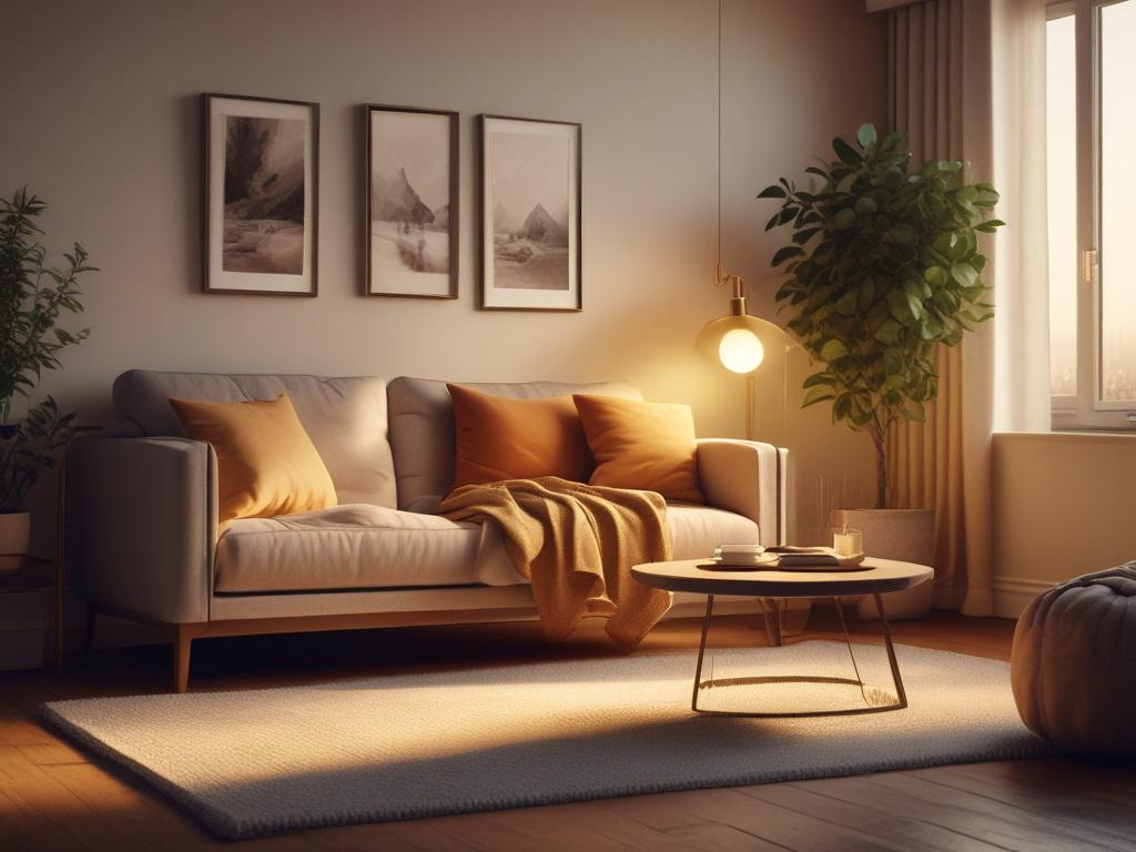 A cozy living room setting with warm golden lighting, featuring a single figure sitting comfortably on a soft couch, looking serene and reflective. The atmosphere conveys a sense of safety and emotional support, with soft pillows and a warm throw blanket in the background.