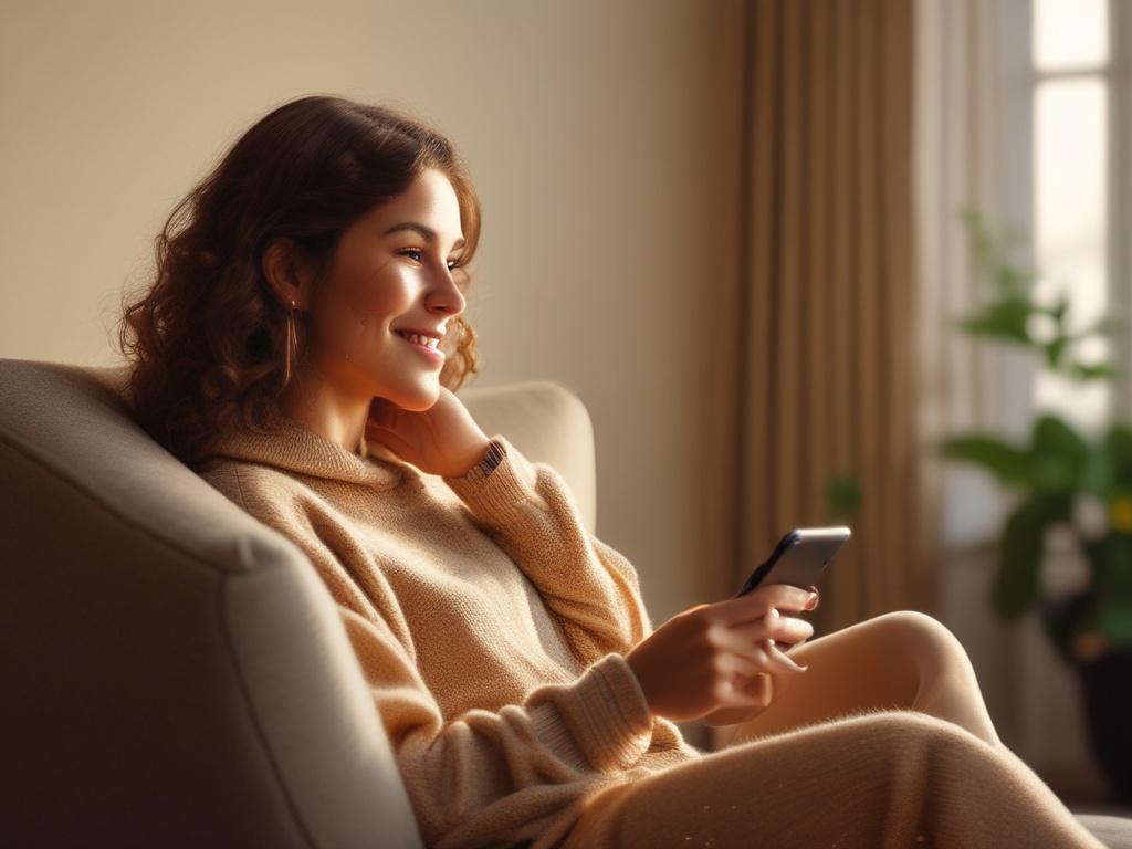 A warm and inviting scene depicting a person comfortably sitting in a cozy armchair, holding a smartphone to their ear, with a gentle smile on their face. The background features soft, golden lighting that creates a serene atmosphere, with a small side table holding a steaming cup of tea. The overall ambiance is calming and supportive, reflecting the essence of peer support.