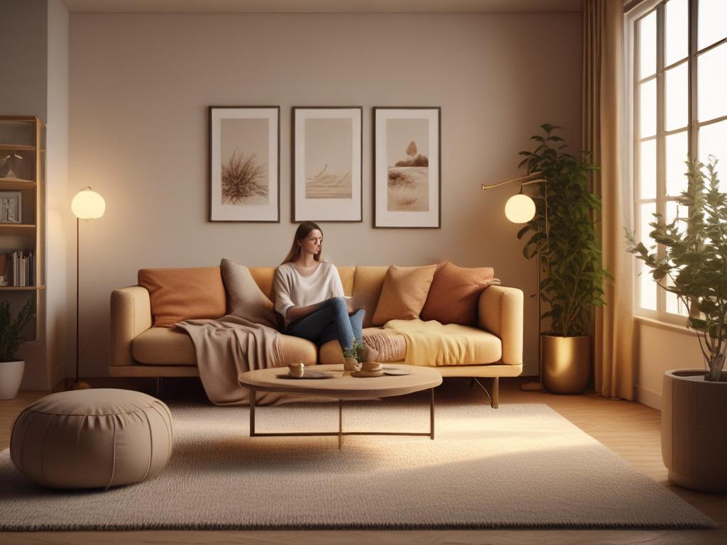 A cozy home setting with warm, golden light. A person sitting comfortably on a sofa, engaged in a supportive video call with a compassionate peer. The background features soft, serene decor, creating a calming atmosphere.