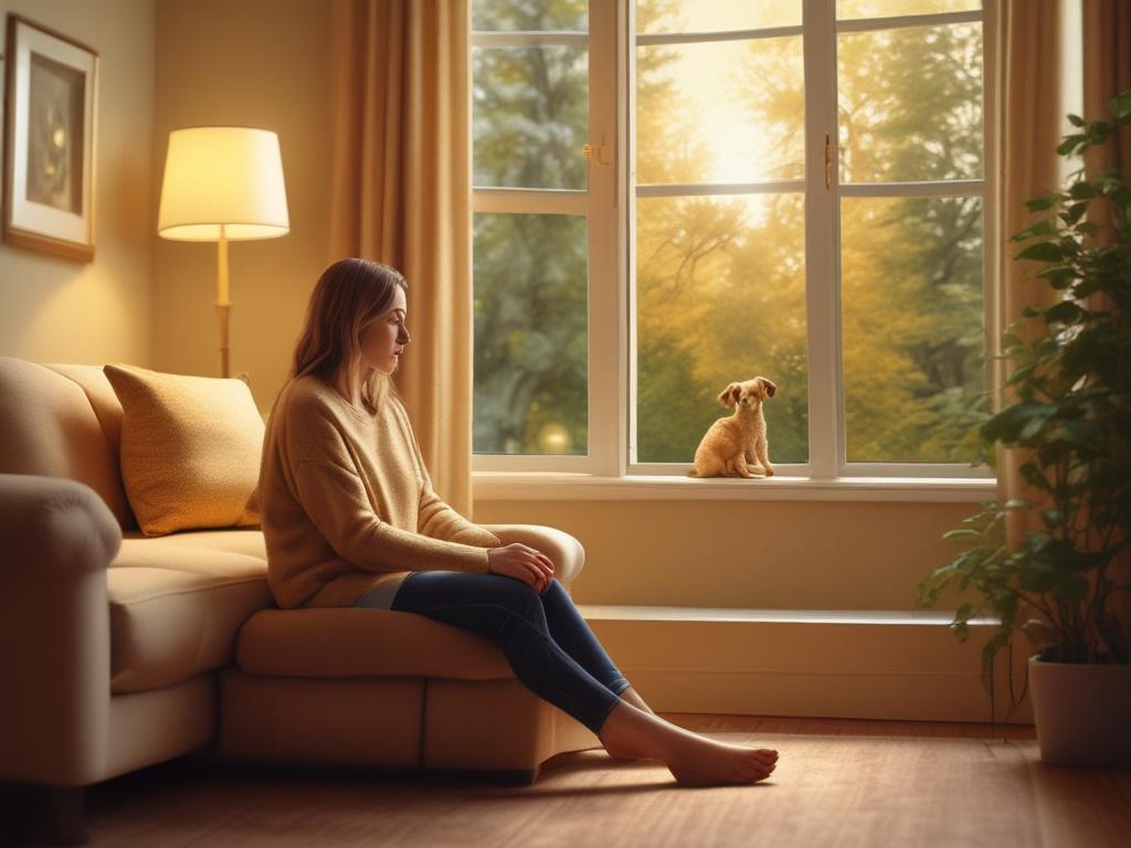 A compassionate Recovery Sitter™ sitting in a cozy, warmly lit room, gently listening to a person in distress. The sitter's expression is calm and reassuring, embodying warmth and safety, while the background features soft, golden hues and a serene atmosphere, emphasizing comfort and emotional support.