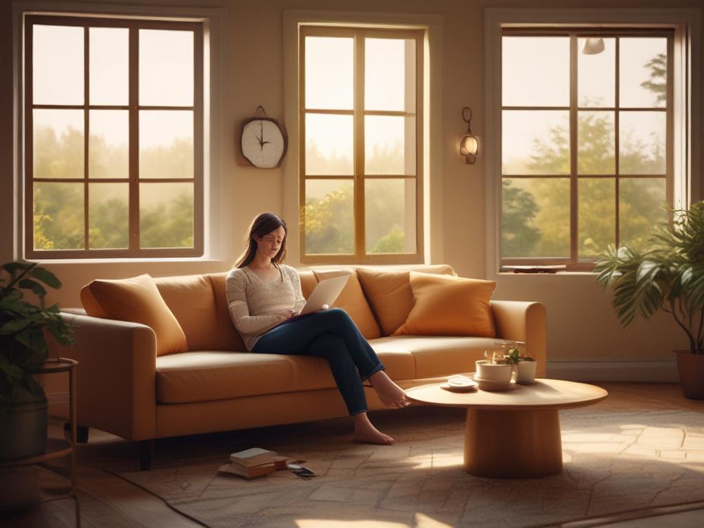 A cozy, serene setting with warm golden hues. A compassionate Recovery Sitter™ sitting comfortably in a softly lit room, offering support on a phone call. The background features soft, calming colors and a peaceful atmosphere, evoking feelings of warmth and safety.