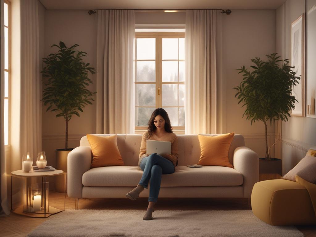 A cozy, serene setting featuring a single person sitting comfortably on a soft couch, looking at their phone with a warm smile. The room has soft, golden lighting, with a gentle atmosphere created by plush pillows and a calming background. The color scheme incorporates #FF6E4E as an accent, enhancing the feeling of warmth and hope.