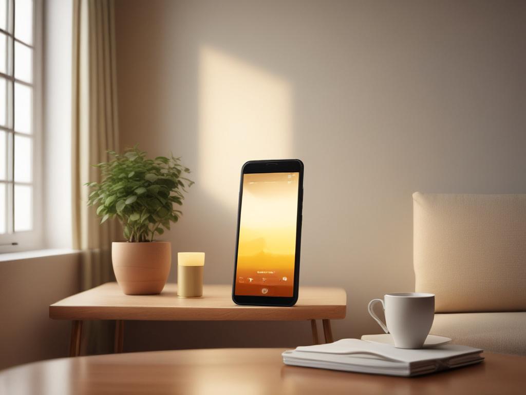 A warm, inviting room with soft golden hues and cozy lighting, featuring a single smartphone on a table with a notification alert, symbolizing daily accountability and support. The background is serene and calming, evoking a sense of comfort and presence.