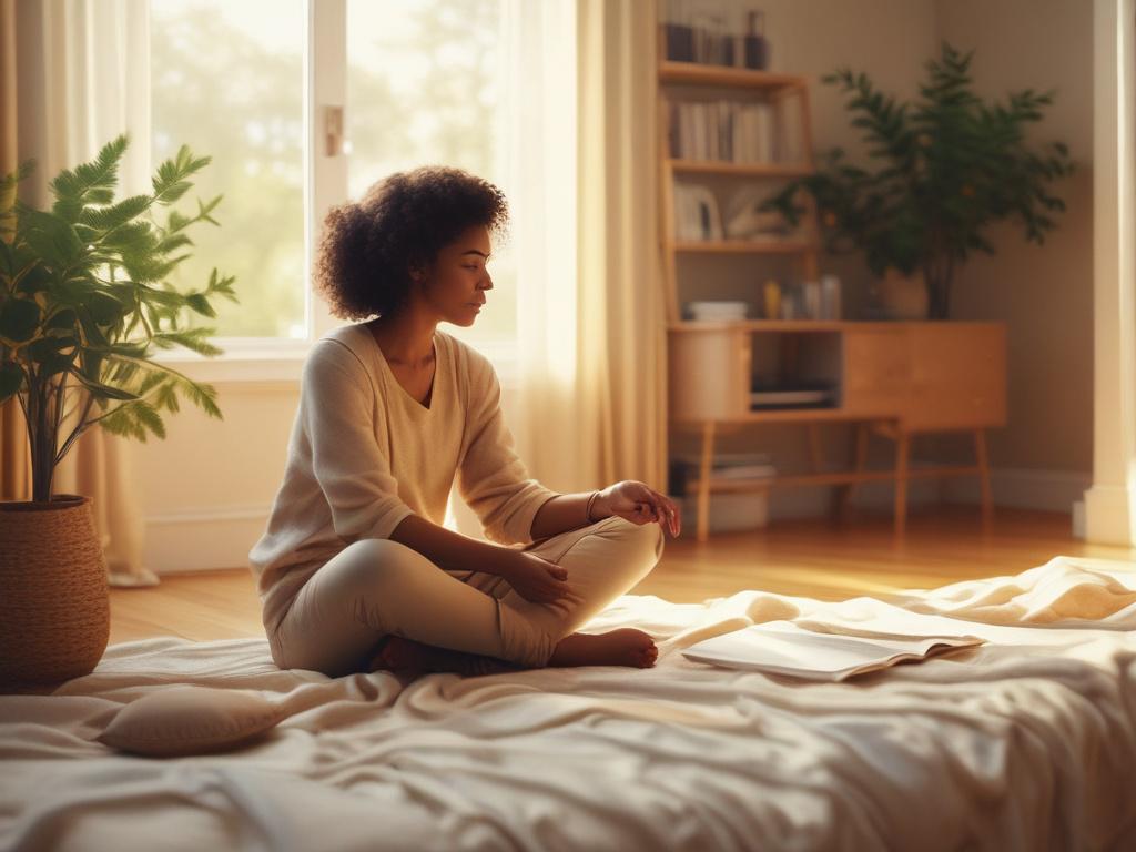 A serene, comforting setting with a compassionate peer support person sitting calmly beside a vulnerable individual in a cozy, warmly-lit room. The focus is on emotional connection and safety, with soft golden hues creating a tranquil atmosphere.