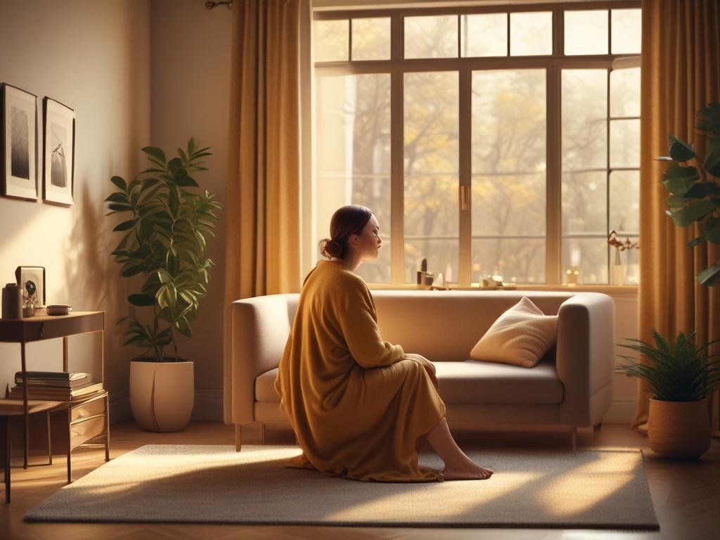 A serene, cozy setting with a single individual sitting calmly in a soft-lit room. The person appears relaxed and at ease, surrounded by warm golden hues. The background is simple and uncluttered, evoking a sense of safety and comfort, with soft pillows and a gentle ambiance.