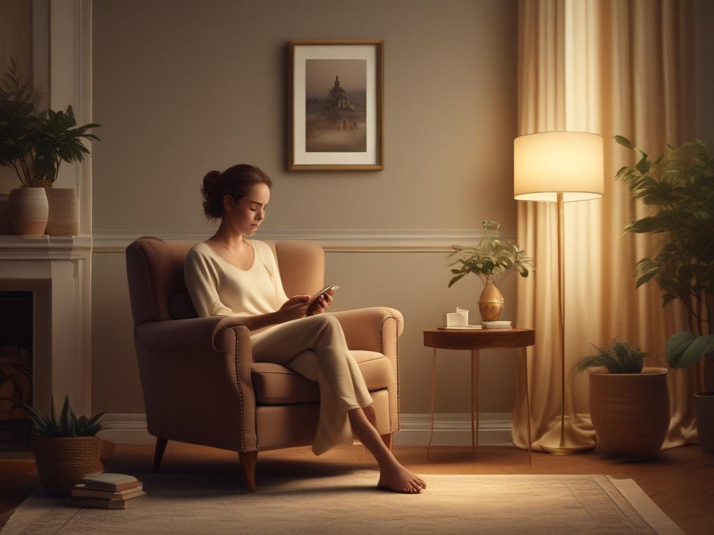 A serene, cozy setting featuring a warm, inviting room with soft golden lighting. A single figure sits comfortably in a plush chair, engaged in a conversation on their phone, exuding a sense of calm and connection. The background includes gentle decor that enhances the feeling of safety and presence.