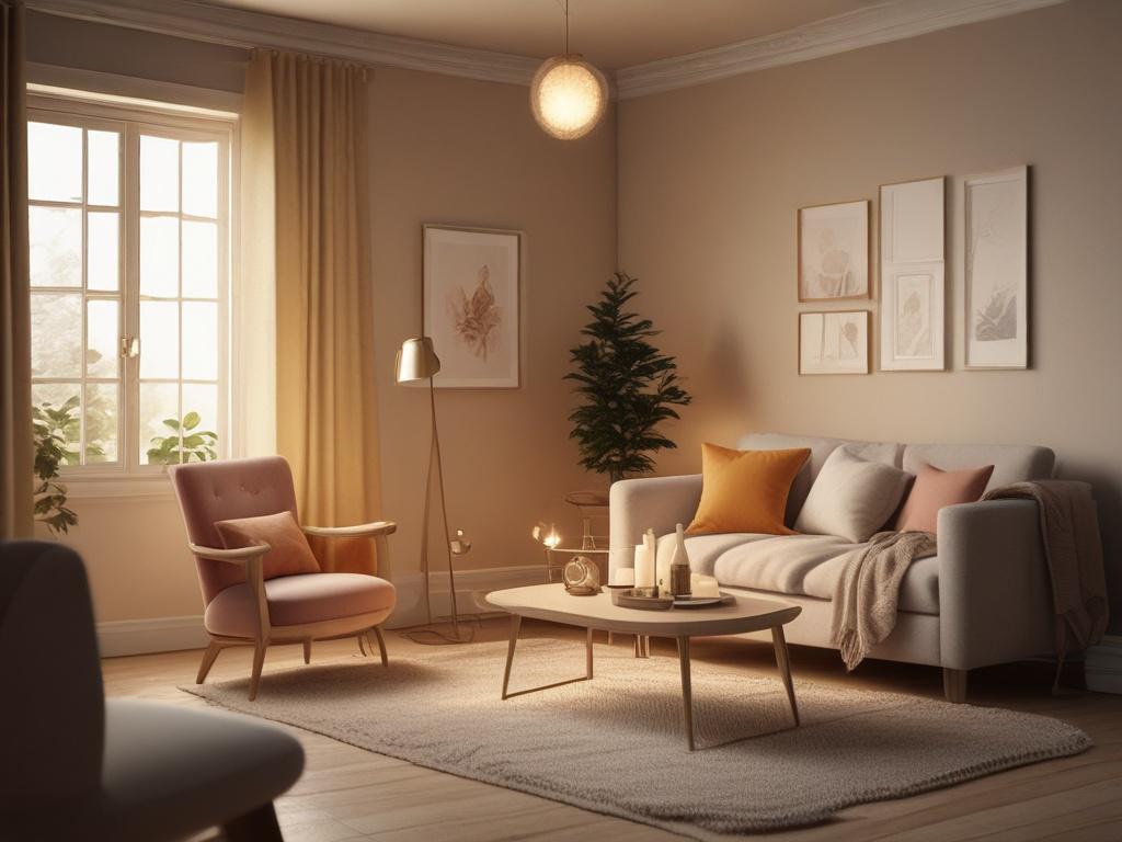 A serene cozy room with soft golden lighting, a comfortable chair facing a laptop screen, depicting a compassionate peer support session. The atmosphere conveys warmth and safety, with calming decor and soft textures, inviting a sense of connection and emotional grounding.