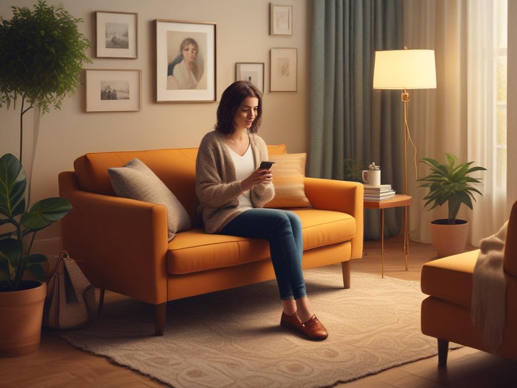 A cozy living room setting with warm golden hues, soft lighting, and a serene atmosphere. A single person, a trained Recovery Sitter™, sits comfortably on a sofa, engaged in a phone call with a supportive and empathetic expression. The background features calming decor, plants, and a sense of warmth and safety.