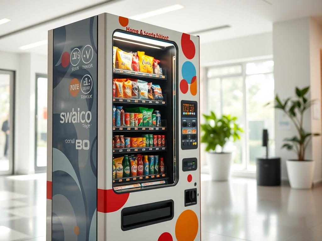 A hyper-realistic close-up shot of a customized vending machine filled with popular snacks and drinks, prominently displayed in a bright, inviting location. The background is softly blurred to emphasize the vending machine's details, showcasing its sleek design and vibrant colors. The image should convey a sense of modernity and accessibility, with a focus on the machine's user-friendly interface. The primary color scheme should incorporate rgb(50, 170, 39) to align with the brand's identity.