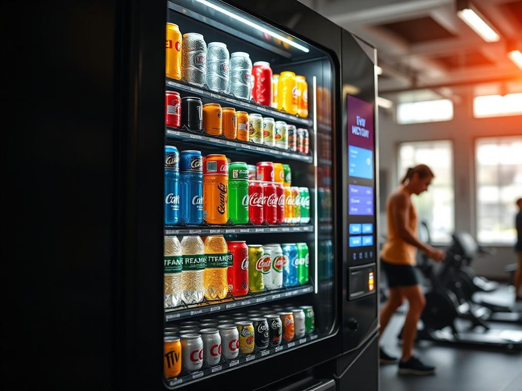 A modern beverage vending machine displaying a variety of drinks