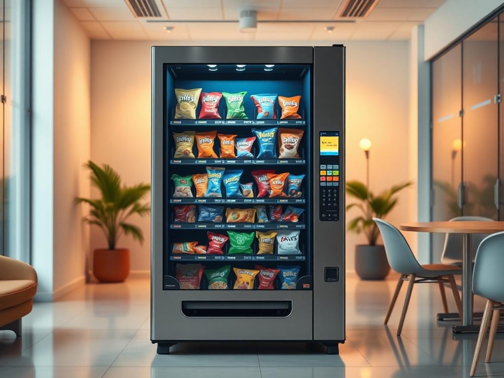 A sleek and modern custom snack vending machine, positioned in
