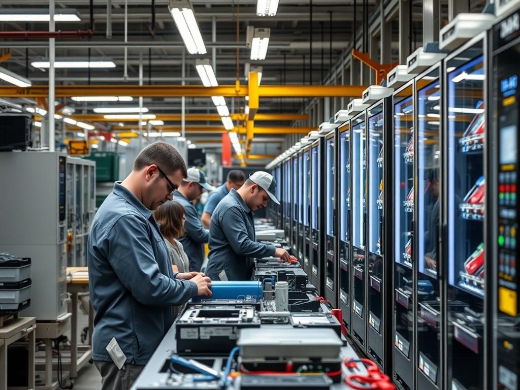 A busy production line where skilled workers assemble customized vending