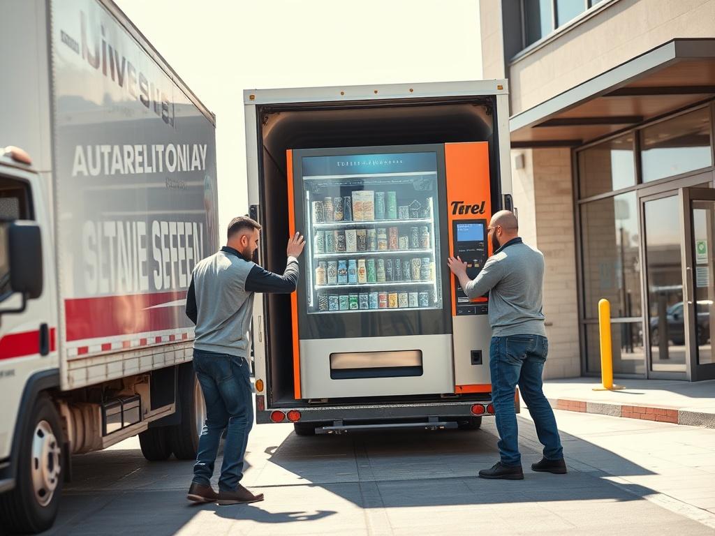 A delivery scene where technicians are unloading a customized vending