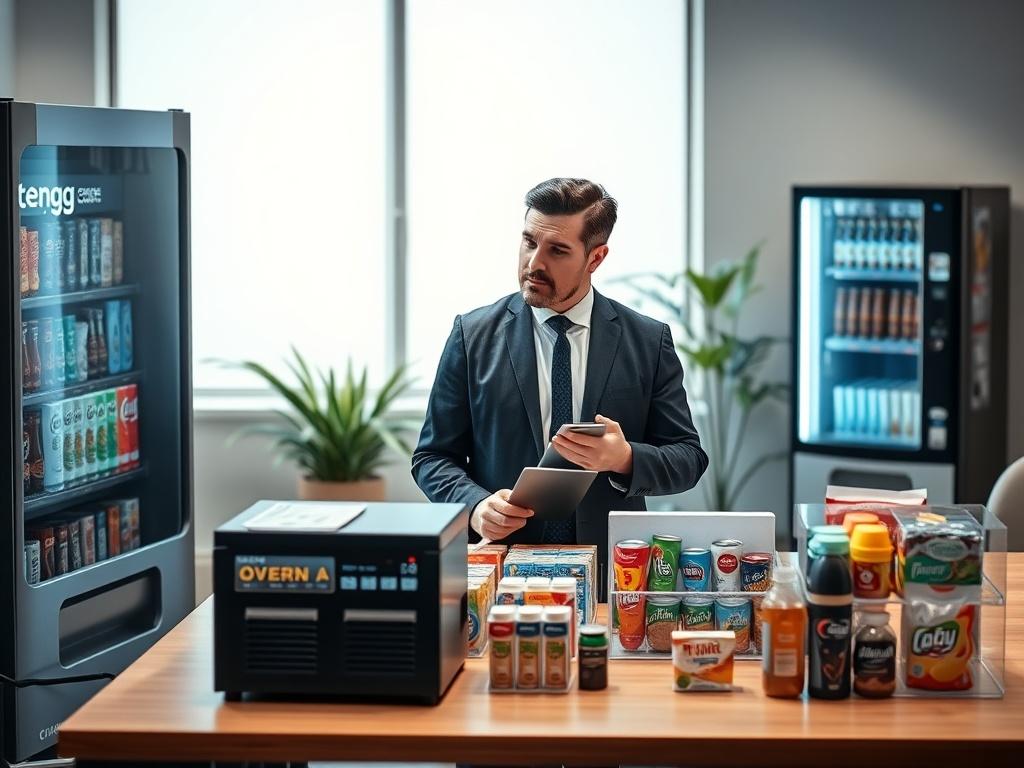 A professional meeting scene where a vendor discusses customized vending
