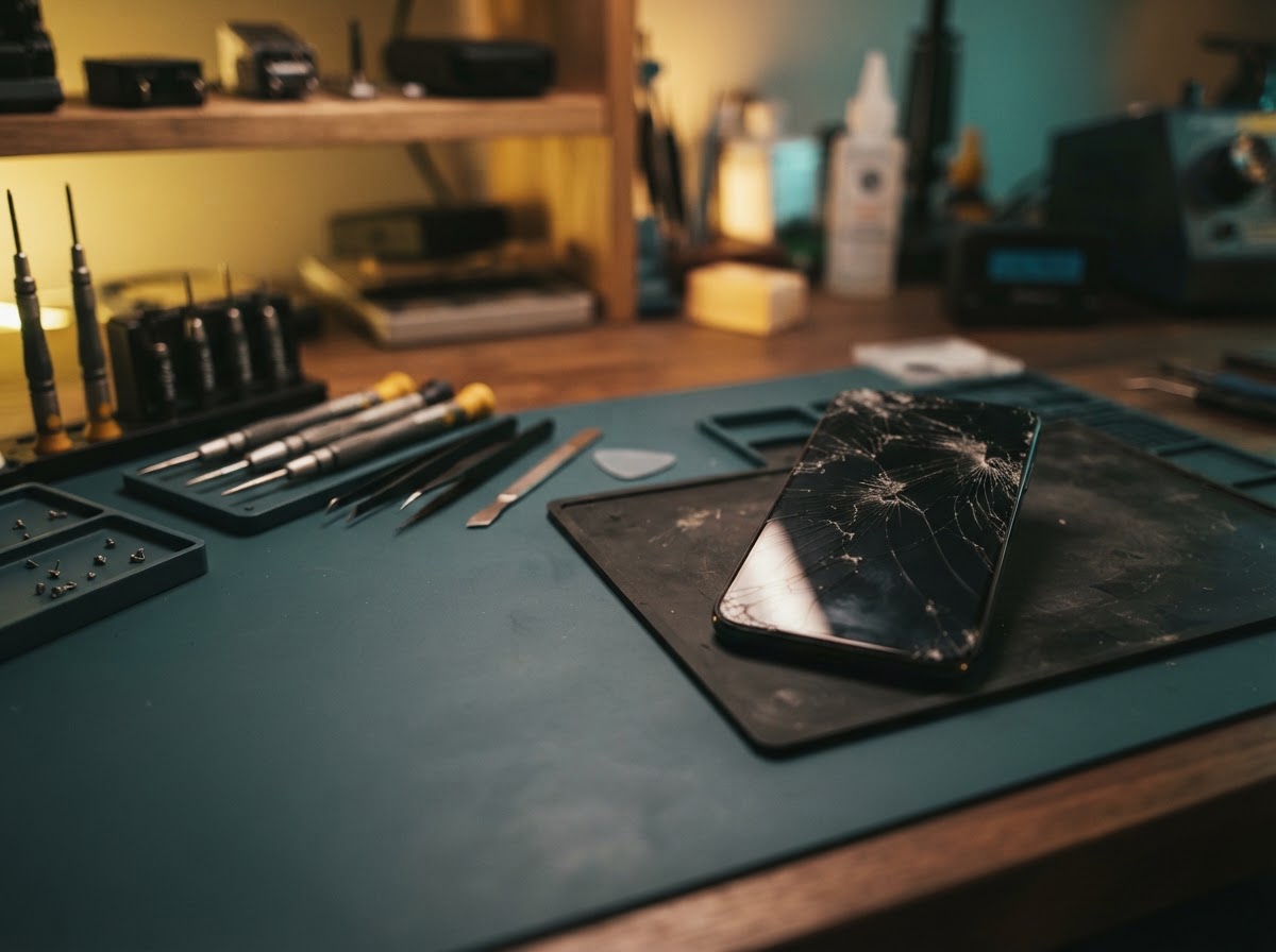 A cracked smartphone screen and precision repair tools on a teal workbench