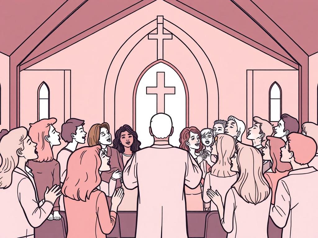 A simple, clear illustration of a diverse group of people gathered in a church setting, singing and worshiping together, with a pastor speaking in front. The background should show a warm and welcoming church interior. Use a crisp, solid black line drawing style.