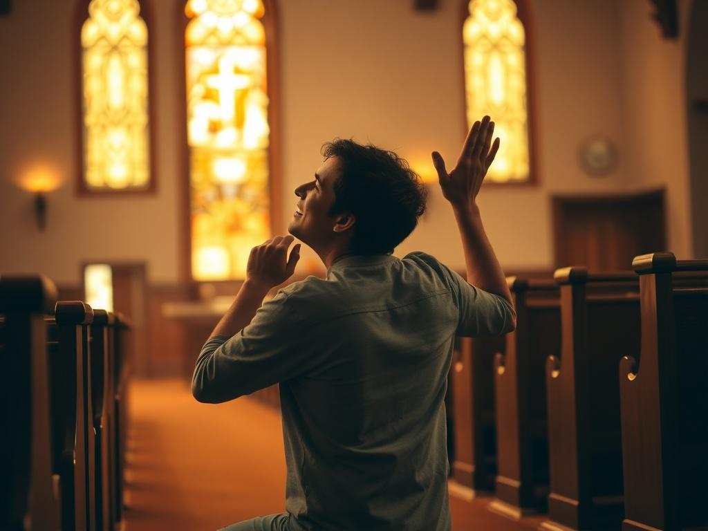 Create a realistic high-resolution photo that captures the essence of worship and its transformative power. The composition should be simple and clear, featuring a single subject: a person in a moment of heartfelt worship, kneeling with hands raised towards a warm, glowing light that symbolizes divine presence. The individual should appear genuinely immersed in the experience, expression conveying peace and joy.

The background should be softly blurred, depicting a serene church interior with wooden pews, s