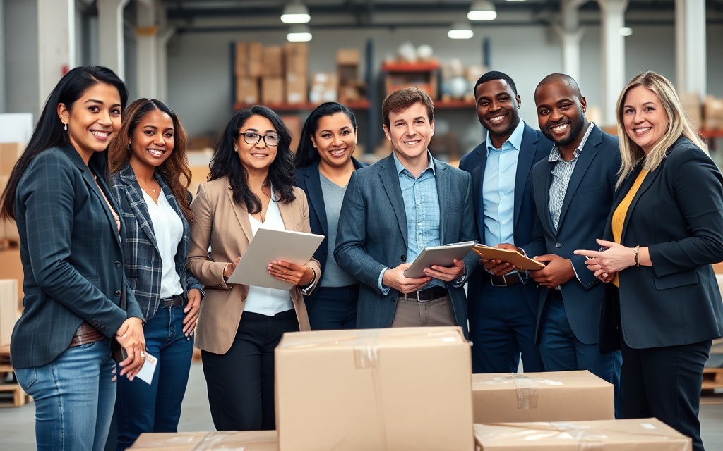 Diverse team of logistics professionals collaborating together in the United States