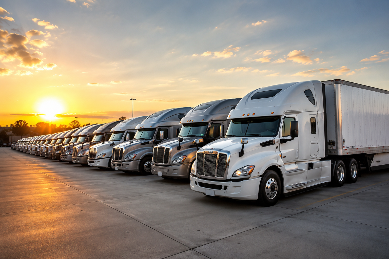 Professional commercial trucking fleet with modern tractor trailers