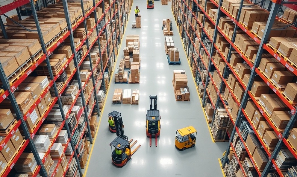 Overhead view of warehouse operations with organized inventory and forklifts