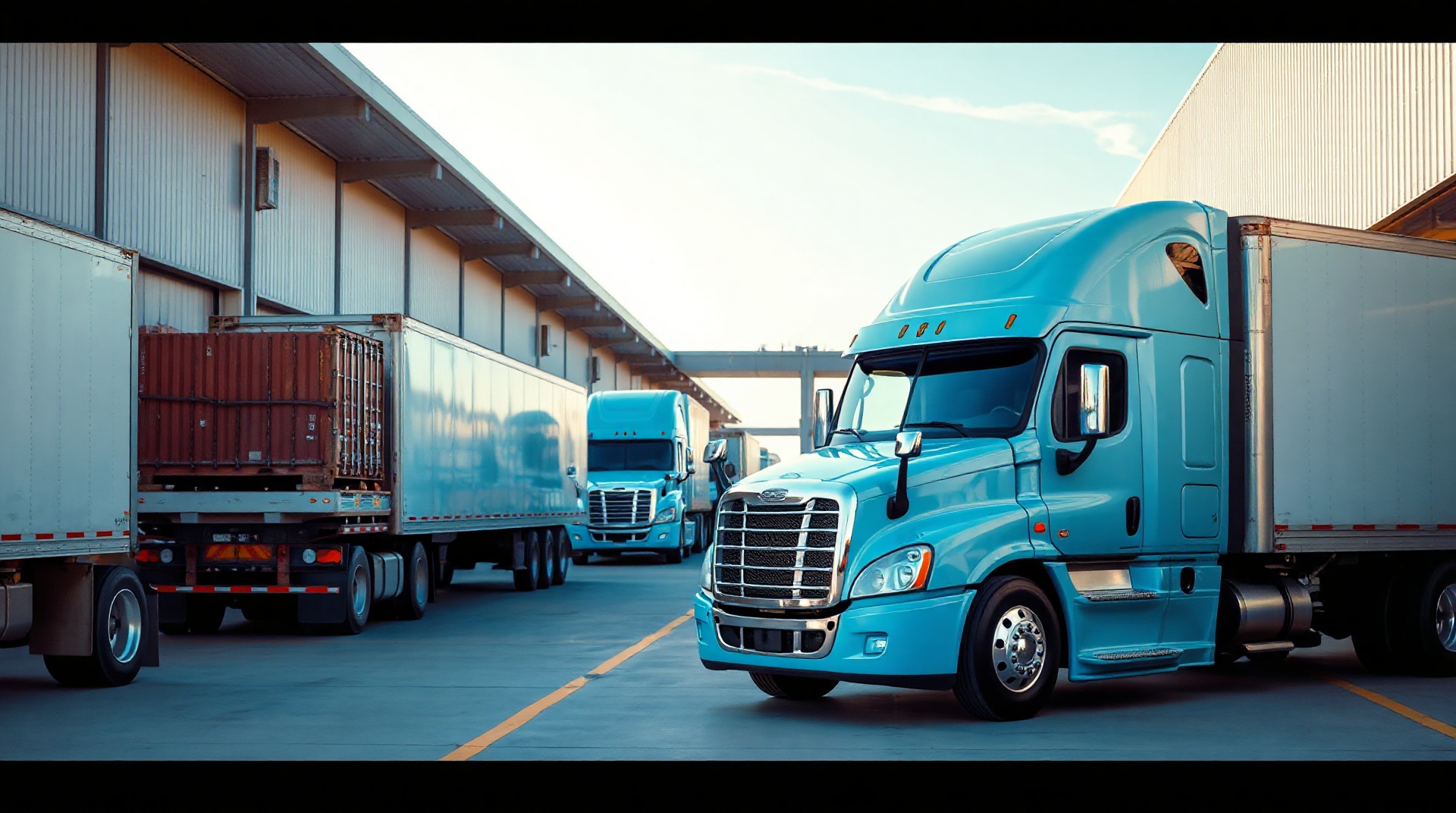 Professional freight transportation with commercial trucks at logistics facility