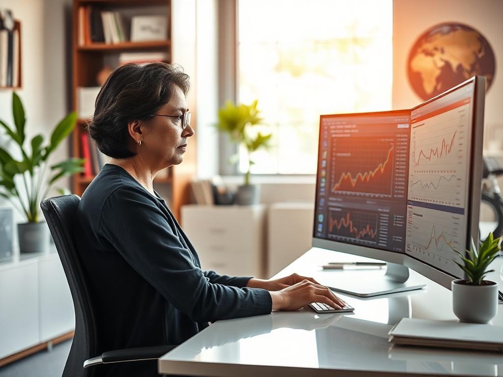 Create a realistic high-resolution photo that captures the essence of "Understanding AI Model Drift." The composition should feature a solitary, thoughtful data scientist seated at a sleek, modern desk. The subject, a middle-aged South Asian woman, should be engaged in deep concentration as she analyzes data on a high-resolution monitor displaying complex graphs and metrics indicating AI model performance over time.

In the background, include ambient elements of a contemporary office setting, such as a large bookshelf filled with data science and AI books, a small potted plant to add a touch of greenery, and soft natural light streaming in through a nearby window. Ensure the colors are warm and inviting, emphasizing the calm, focused atmosphere of the workspace. The main subject should occupy the center of the frame with a slight depth of field to softly blur the background, directing the viewer's attention to her expressions of curiosity and determination as she learns about AI model drift and how to identify it. Utilize a 45mm f/1.2 lens style to enhance the depth and focus, capturing facial details and the intricate designs on the monitor.