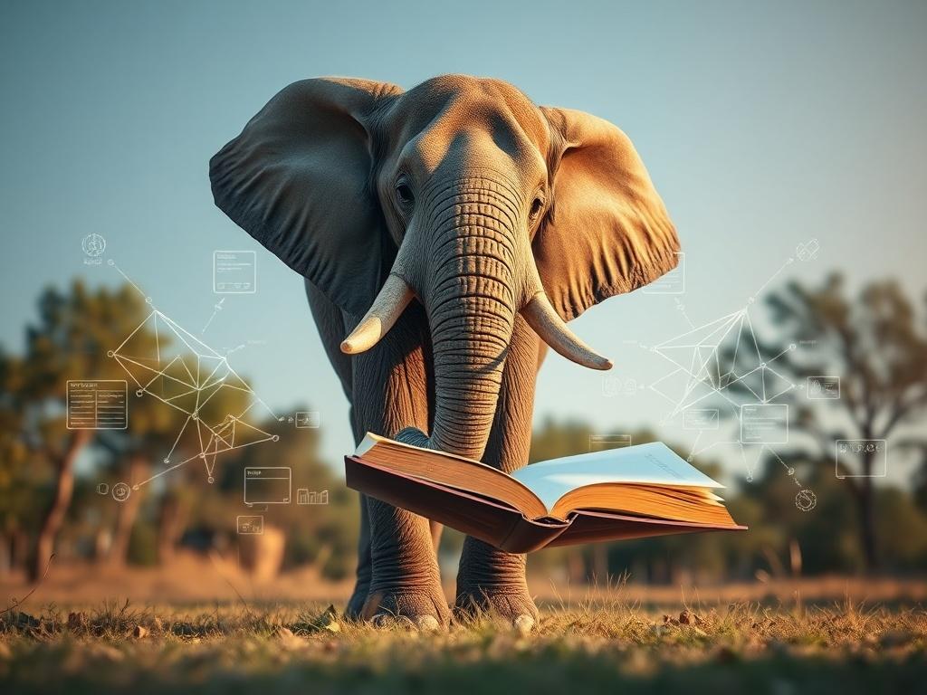 **AI Image Generation Prompt:**

Create a hyper-realistic high-resolution photo that visually encapsulates the essence of the blog titled “How Do You Eat an Elephant? One Workflow at a Time.” The composition should feature a single, life-sized elephant standing in a serene, outdoor environment that hints at a technological landscape. 

The elephant should be depicted calmly interacting with a large, open book, symbolizing the breakdown of complex AI problems into manageable workflows. Surround the elephant 