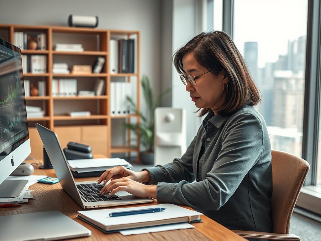 **AI Image Generation Prompt:**

Create a realistic high-resolution photograph focusing on a single subject that embodies the theme of "From Drift to Discipline: The New Rules of AI Reliability." The image should feature a seasoned data scientist or AI engineer, a middle-aged woman of Asian descent, intently analyzing data on a laptop in a modern, well-lit office environment. 

Composition should be clean and straightforward, with the subject positioned centrally, sitting at a wooden desk cluttered with pap