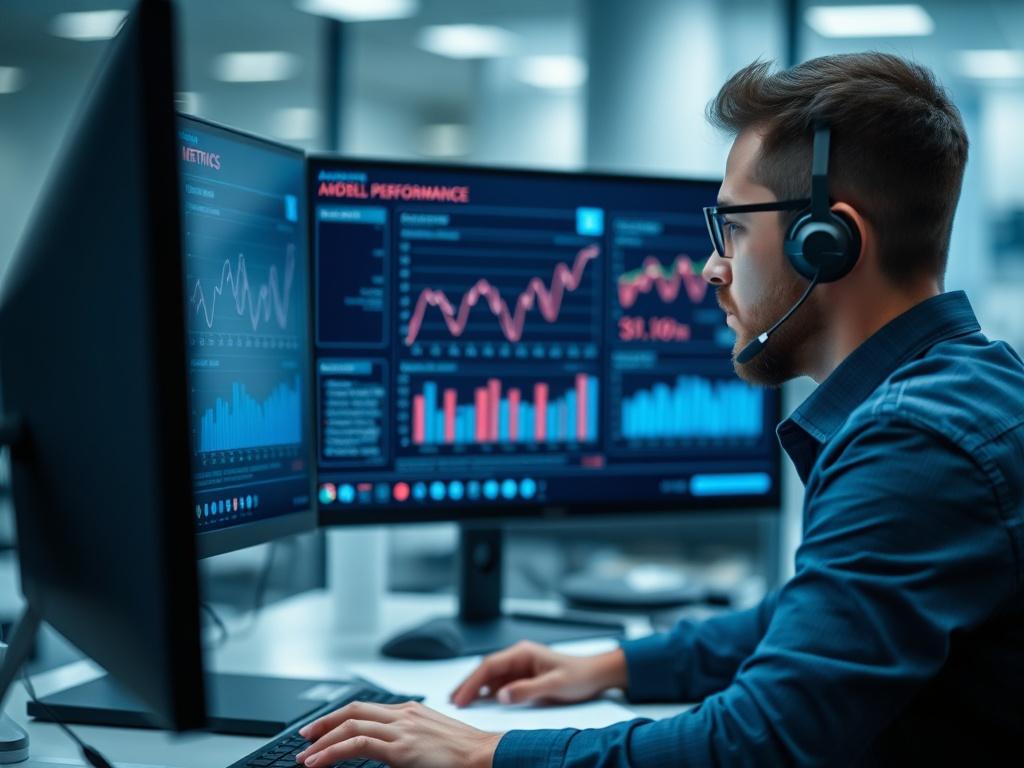 A hyper-realistic close-up shot of a data analyst reviewing AI model performance metrics on a computer screen. The focus is on the screen displaying graphs and charts indicating model performance over time. The background is softly blurred, emphasizing the subject while incorporating a professional office environment with subtle blue tones to match the primary color rgb(2, 86, 197).