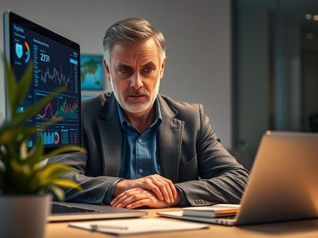 Create a realistic high-resolution photo that visually conveys the theme of “The Turn: How Small AI Mistakes Become Big Business Problems.” The composition should focus on a single subject: an analytical professional, a middle-aged man wearing a smart-casual outfit (such as a tailored blue shirt and grey blazer), deep in thought while observing complex data visualizations on a computer screen. 

The background should be minimalistic and clean, featuring a modern office environment with soft ambient lighting