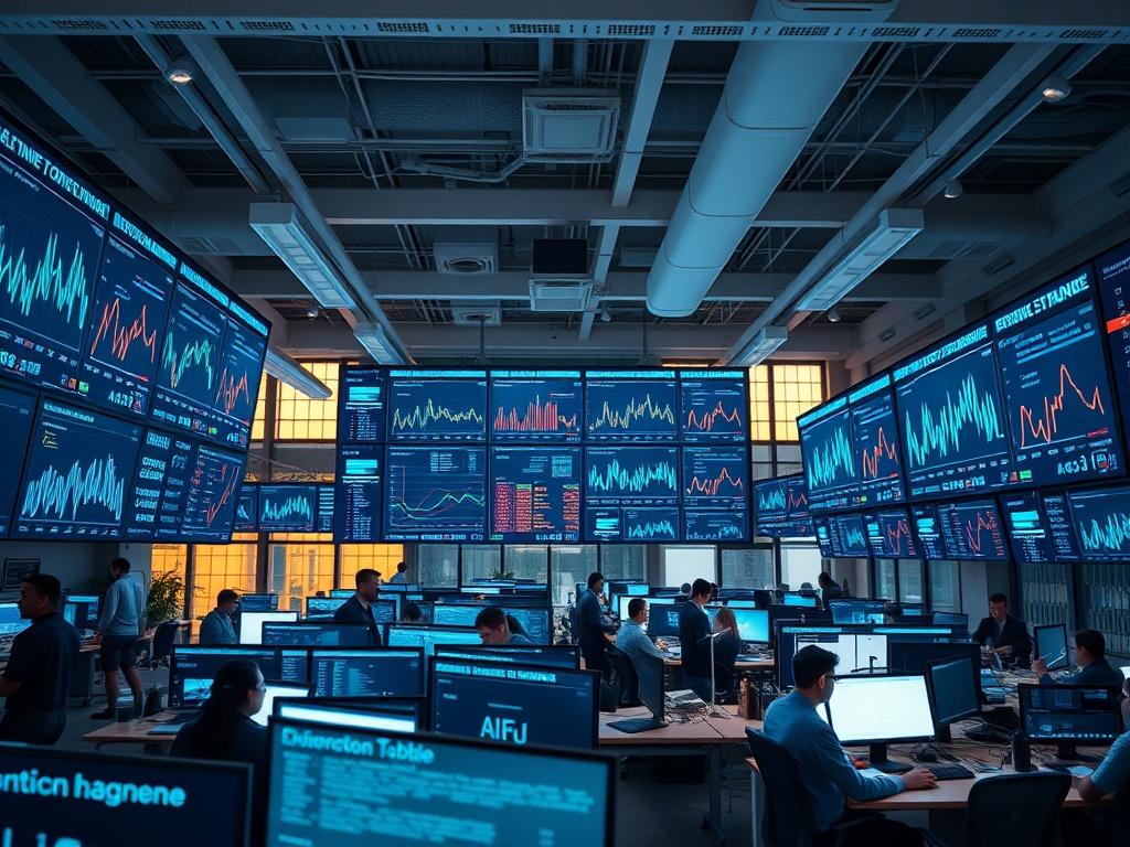 A close up shot of an expansive office space with