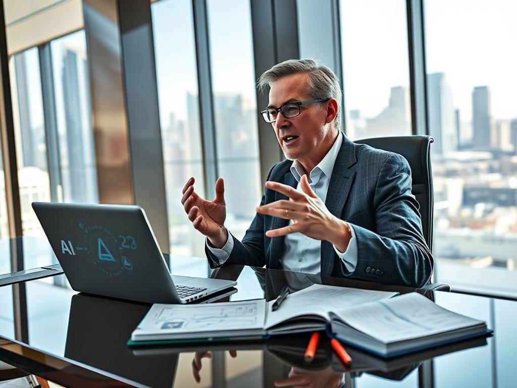 Create a realistic high-resolution image that captures the essence of the blog titled: “How to Talk About AI Without Sounding Like a Data Scientist.” The composition should feature a single subject: a confident, mid-aged executive (either gender) seated at a sleek, modern desk in an upscale office environment. The executive should be engaged in an animated conversation, using hand gestures to emphasize points, as if explaining a complex AI concept in simple terms to an unseen audience.  

The background sho