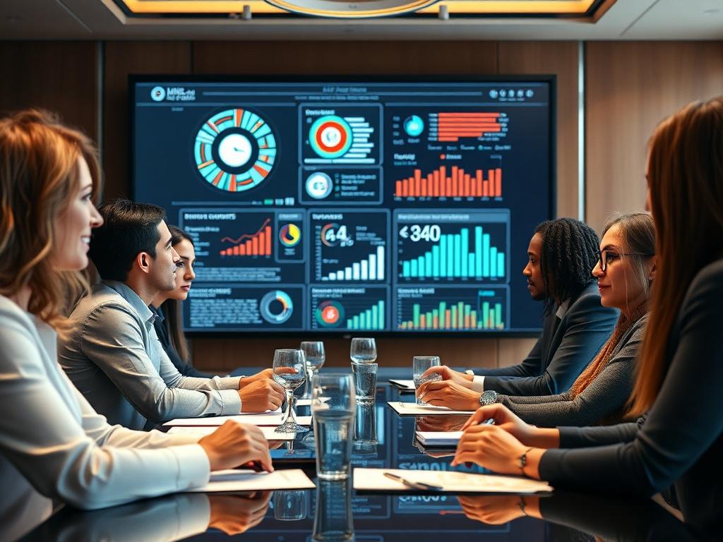 An elegant conference room setting where a diverse group of