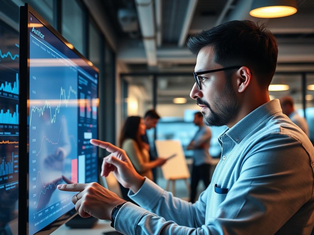 A close up shot of an auditor examining data analytics