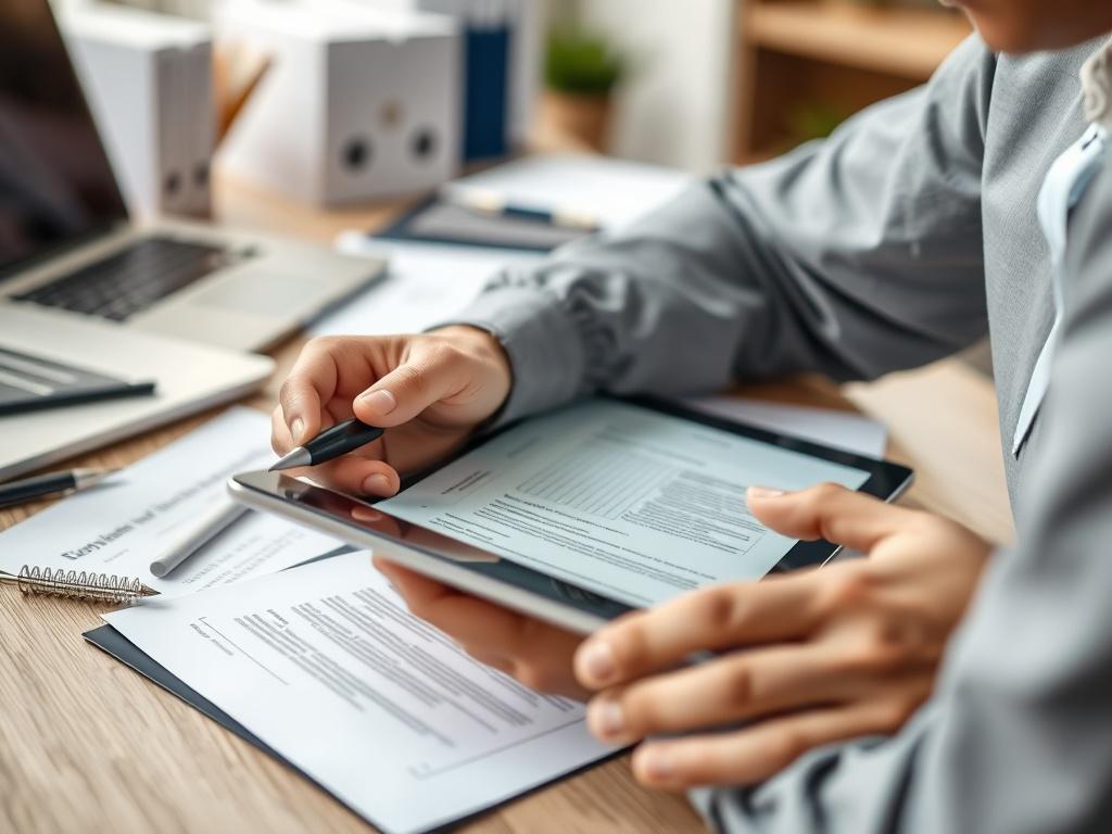 A close up shot of a person reviewing compliance documentation