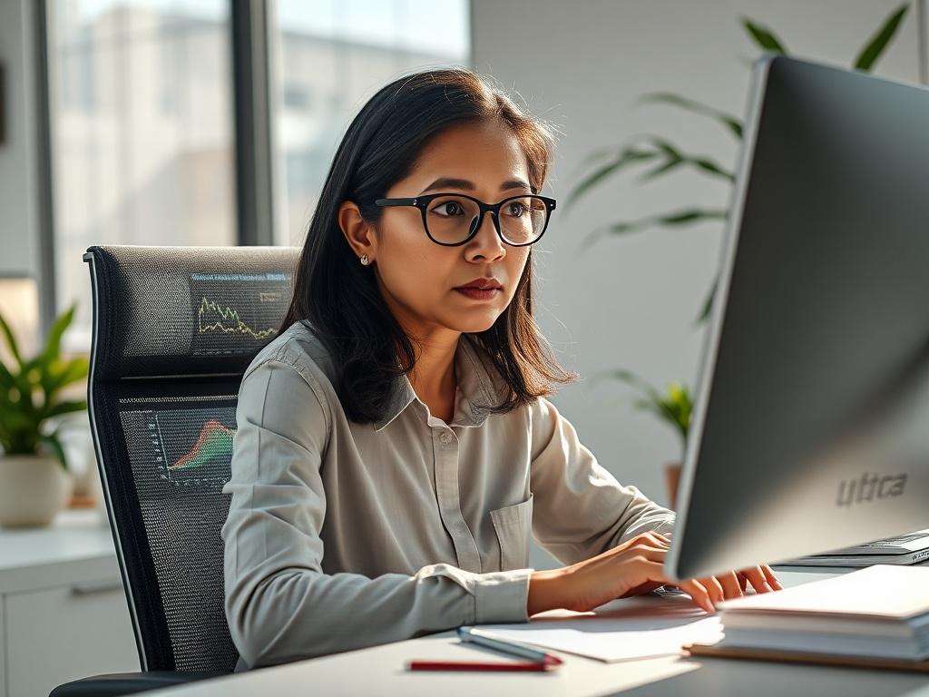 **AI Image Generation Prompt:**

Create a hyper-realistic high-resolution photo that encapsulates the theme of "Understanding AI Model Drift." The composition should feature a single subject: a focused, middle-aged researcher seated at a sleek, modern desk in a minimalist office setting. The researcher, a South Asian woman with glasses, is deeply engaged in analyzing a series of complex data visualizations displayed on a computer screen. 

Ensure the subject is positioned slightly off-center to create a dyn