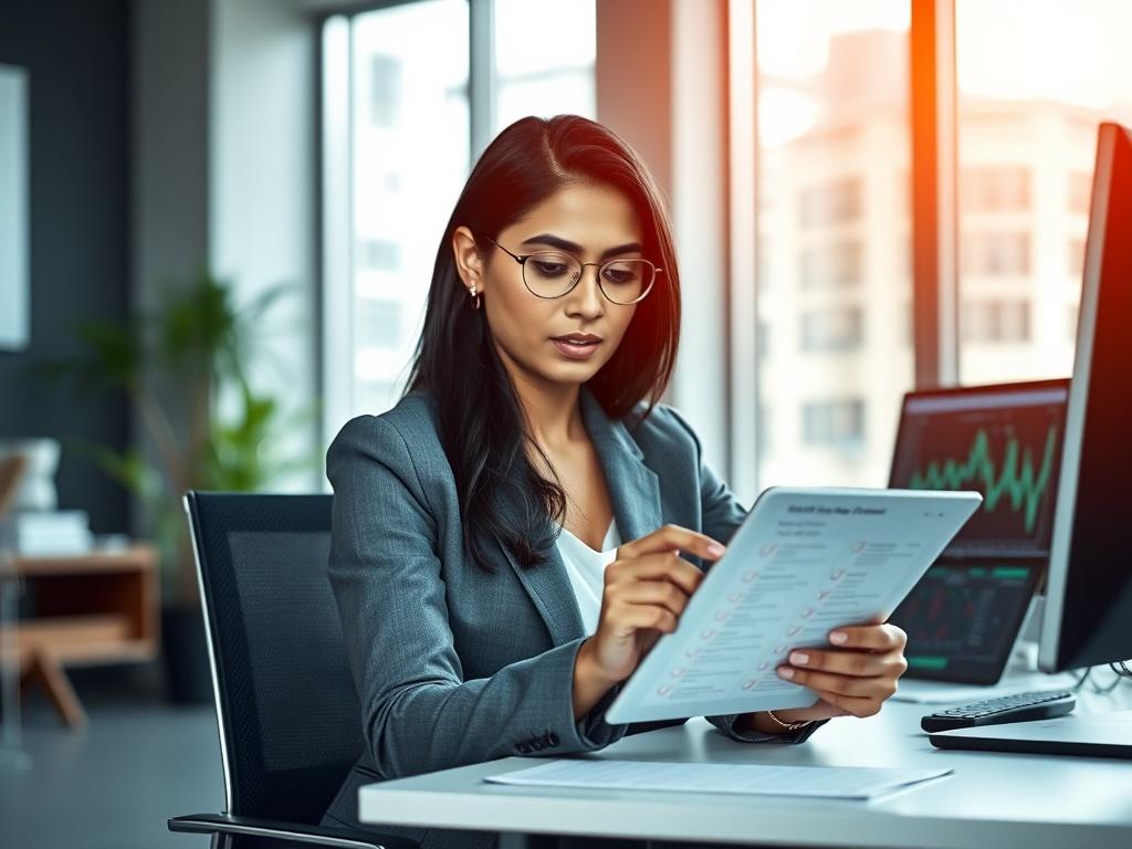 **Prompt for AI Image Generation:**

Create a realistic high-resolution photo featuring a single subject: a focused professional woman in a modern office setting. She is sitting at a sleek workstation, intently reviewing a digital checklist on her tablet, which reflects the theme of artificial intelligence operations and maintenance. 

The woman, of South Asian descent, is dressed in smart, casual business attire, exuding a sense of confidence and professionalism. Her expression should convey concentration 