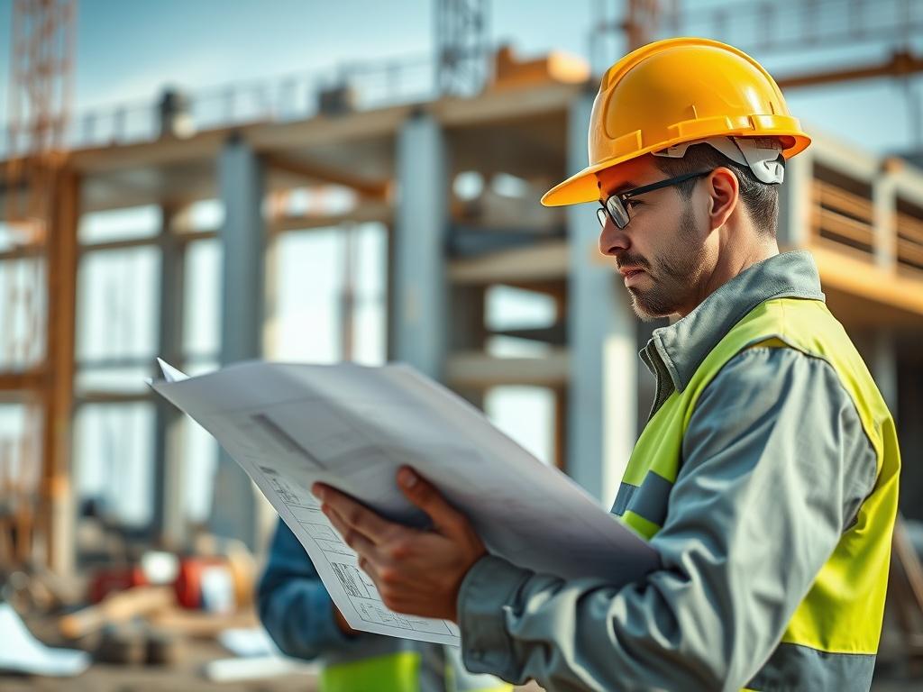 A realistic high resolution of a structural engineer reviewing blueprints