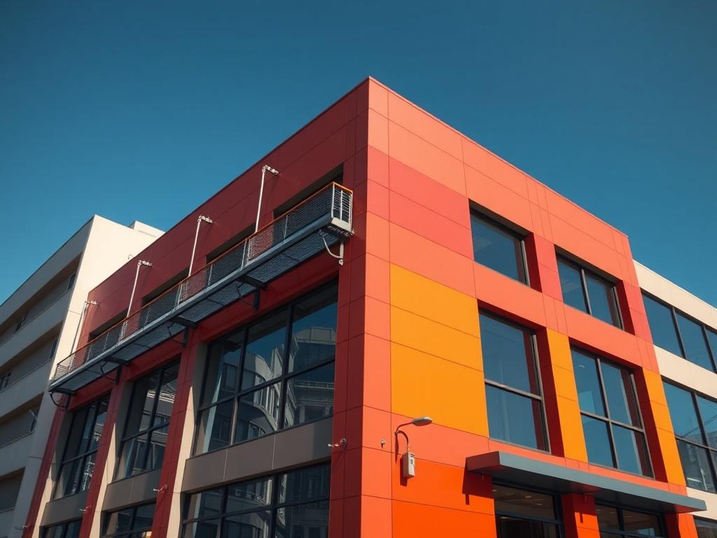 A modern commercial building in an urban setting, showcasing reinforced