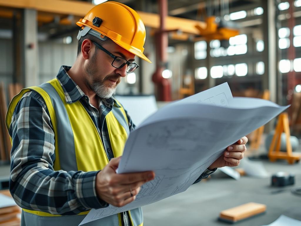 A close up shot of a structural engineer reviewing blueprints