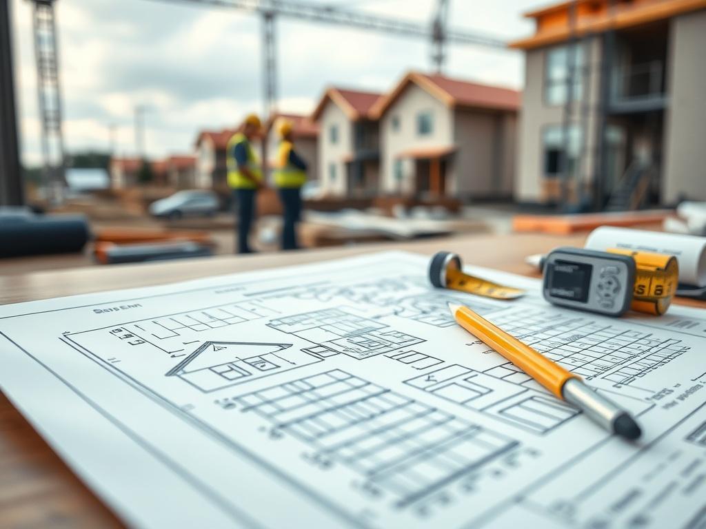 A close up shot of residential blueprints on a desk