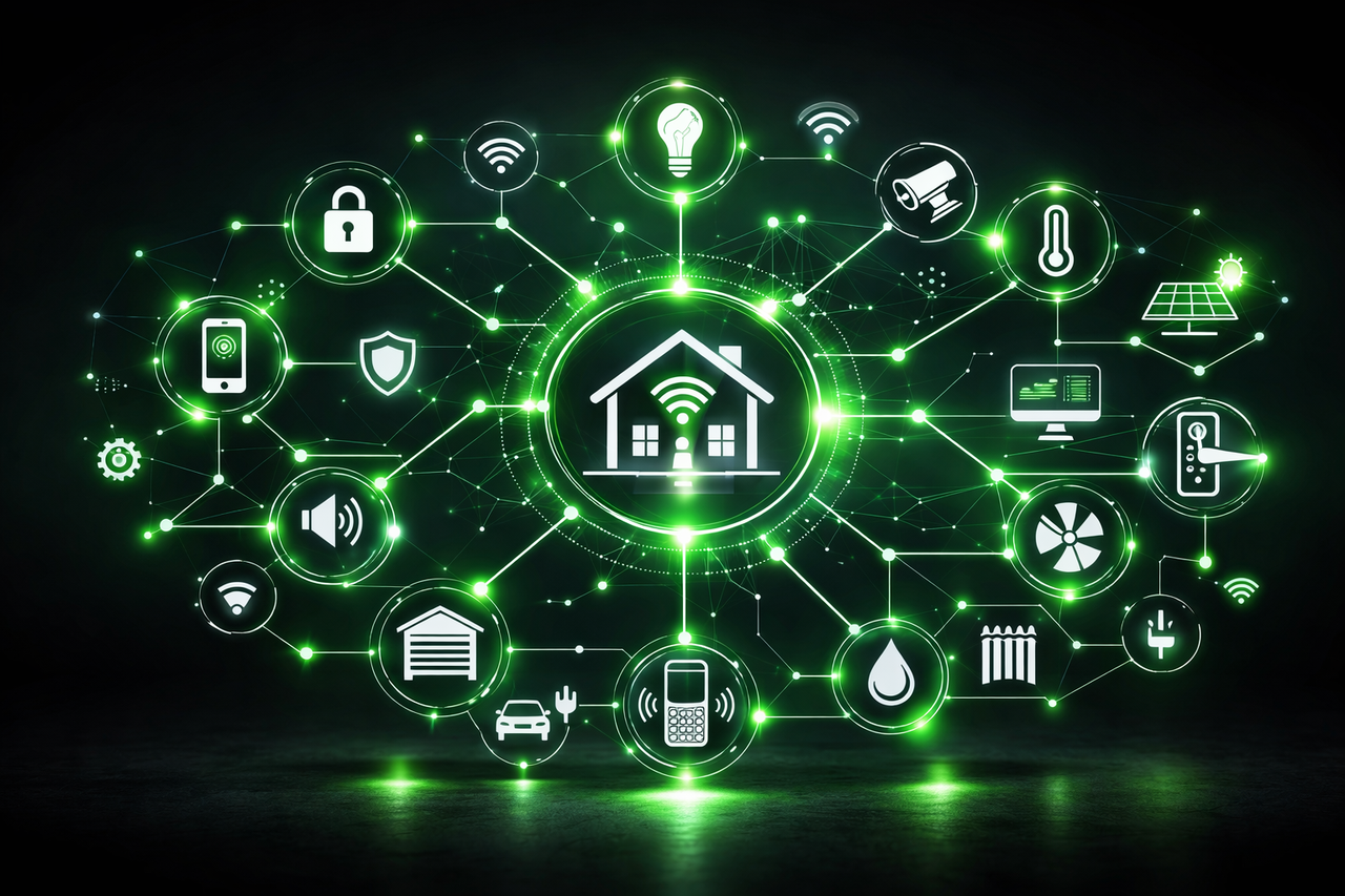 Modern smart home interieur met slimme technologie en sfeerverlichting