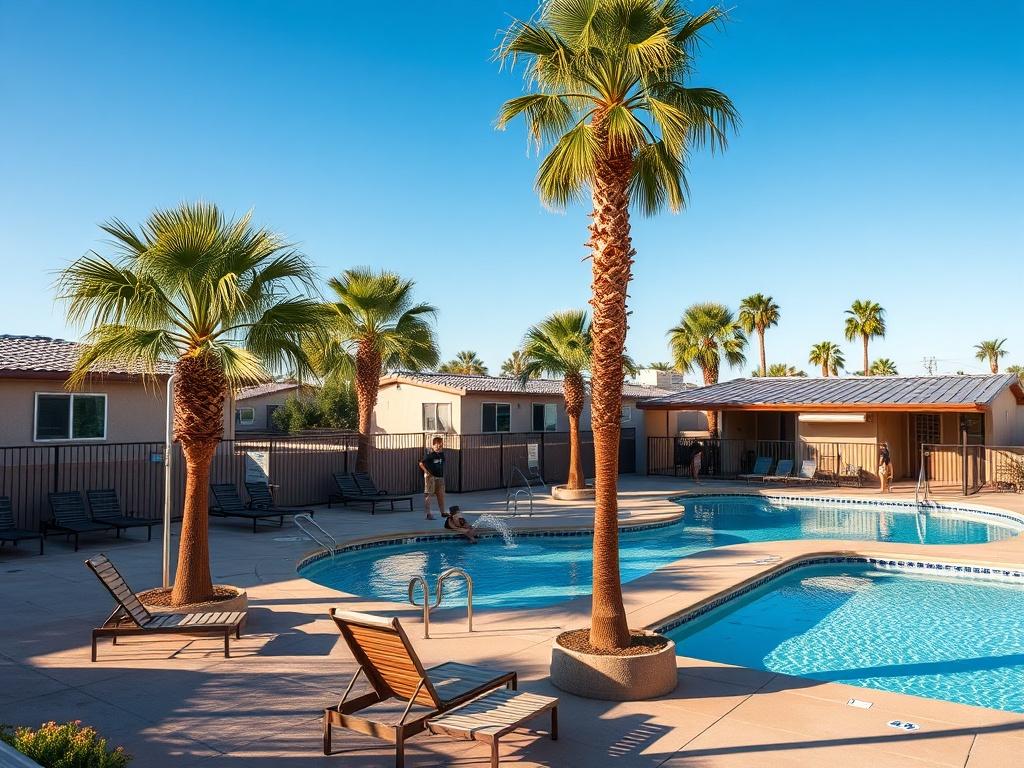 A hyper-realistic close-up shot of the outdoor amenities at Superstition Buttes Mobile Home Community, featuring a well-maintained swimming pool surrounded by lounge chairs and palm trees. The image should capture the vibrancy of the community's recreational space, with people enjoying the sun and engaging in leisure activities. The background should include a clear blue sky, making it feel inviting and relaxing. The shot should be taken with a 45mm f/1.2 lens to highlight the atmosphere.