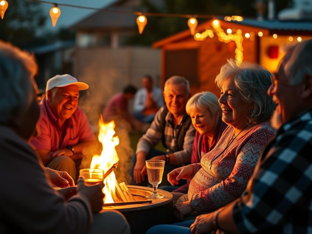 A hyper-realistic close-up shot of a community event at Superstition Buttes Mobile Home Community, featuring residents gathered around a bonfire, sharing stories and enjoying each other’s company. The image should capture the warmth of the firelight, creating a cozy ambiance. People should be seen laughing and having a good time, with decorations in the background that reflect community spirit. The shot should be taken with a 45mm f/1.2 lens to detail the expressions and interactions.