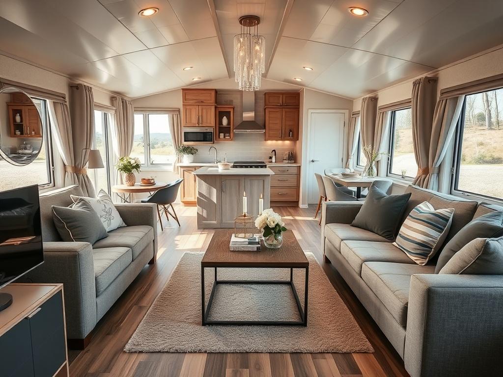A hyper-realistic close-up shot of the interior of a spacious mobile home, showcasing modern furnishings and a cozy atmosphere. The composition should highlight the open living space with large windows allowing natural light to flood in, elegant decor, and a well-equipped kitchen in the background. The color palette should be warm and inviting, giving a sense of comfort. The image should be shot with a 45mm f/1.2 lens to emphasize detail and depth.