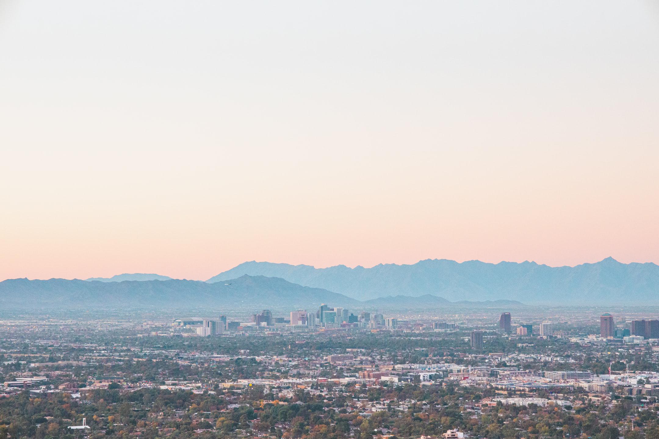 Image of the Phoenix skyline from an RV park near the Superstition Mountains.
