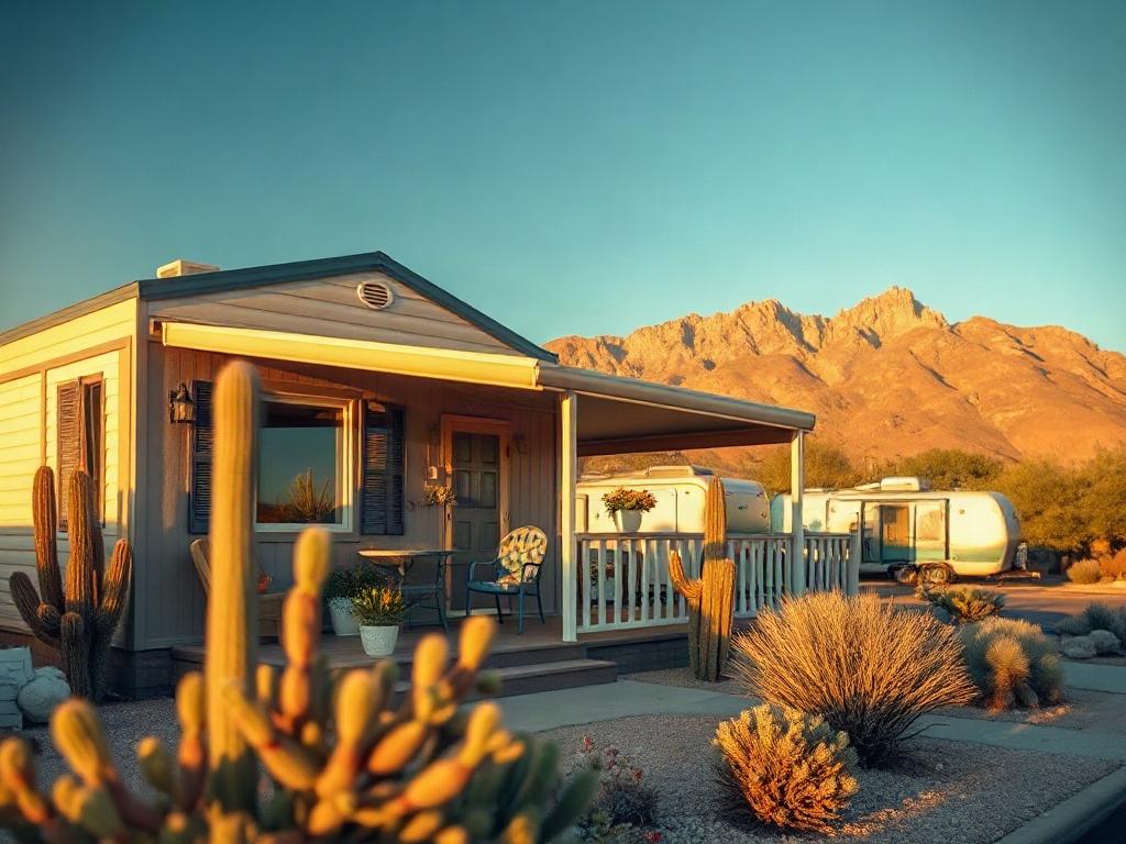 Create a realistic high-resolution image that embodies the essence of exploring retirement communities in Arizona, specifically focusing on the Superstition Buttes Mobile Home Community. The composition should feature a single, inviting mobile home set against a breathtaking Arizona landscape. 

The subject should be a charming, well-maintained mobile home with a welcoming front porch decorated with potted plants and subtle outdoor furniture, radiating a sense of comfort and community. The vibrant exterior 