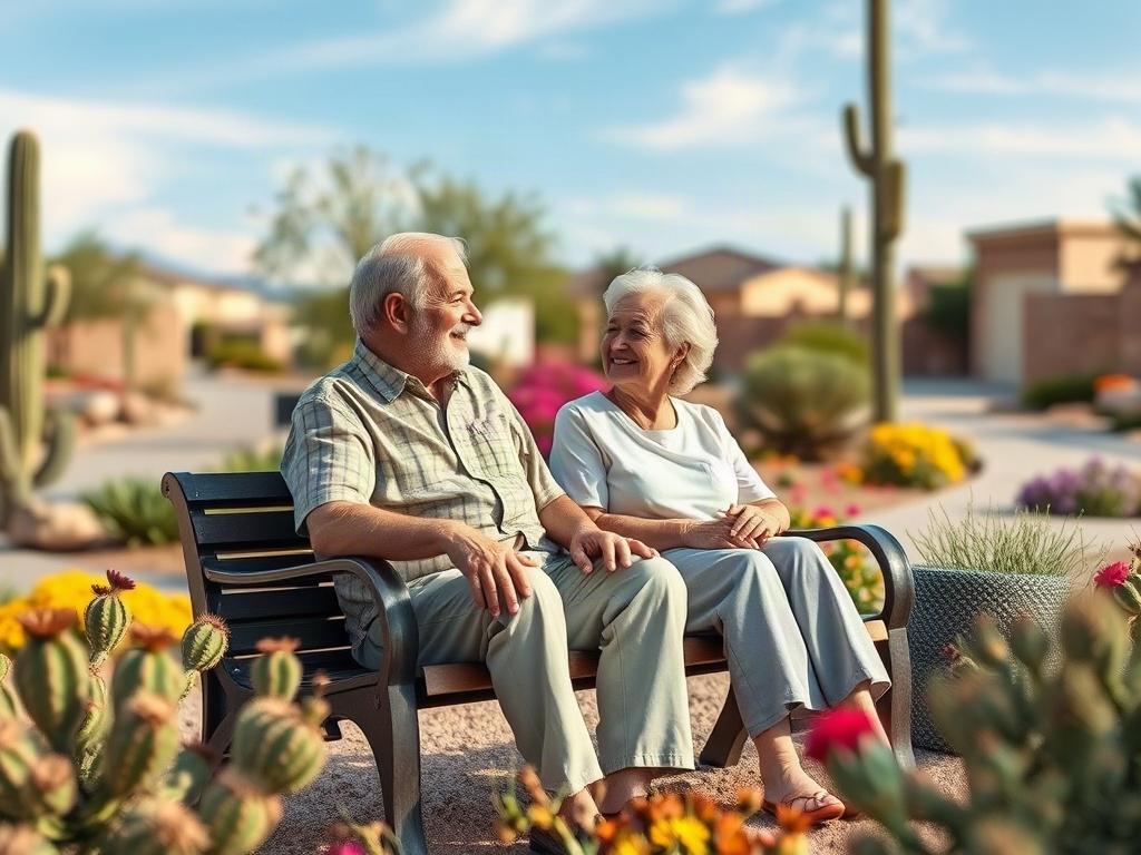 Create a realistic high-resolution image depicting a serene and inviting scene of a retirement park in Apache Junction, AZ, designed to reflect the essence of 55+ living. Focus on a single subject: an elderly couple enjoying their time together. Capture them sitting peacefully on a comfortable outdoor bench surrounded by vibrant desert landscaping, showcasing native flora like cacti and flowering shrubs.

The couple should appear engaged in conversation, smiling and exuding a sense of happiness and connecti