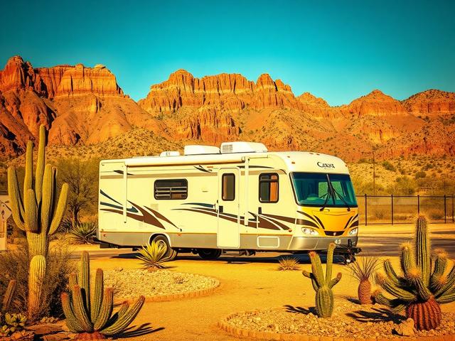 **AI Image Generation Prompt:**

Create a hyper-realistic, high-resolution photograph focusing on a single RV parked in a scenic, sunlit area of Apache Junction. The RV should be the central subject, showcasing its vibrant colors and detailed exterior. Position the RV amidst a backdrop of the striking Superstition Mountains, capturing their rugged beauty and unique geological features.

The foreground should feature well-manicured landscaping, with cacti and desert flora that are typical of the Apache Junct