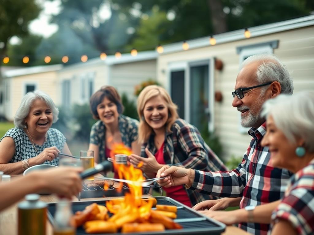 A close-up shot of a lively community gathering with residents enjoying a barbecue in a mobile home community. The background should show smiling faces, shared laughter, and a welcoming atmosphere, capturing the essence of community spirit.